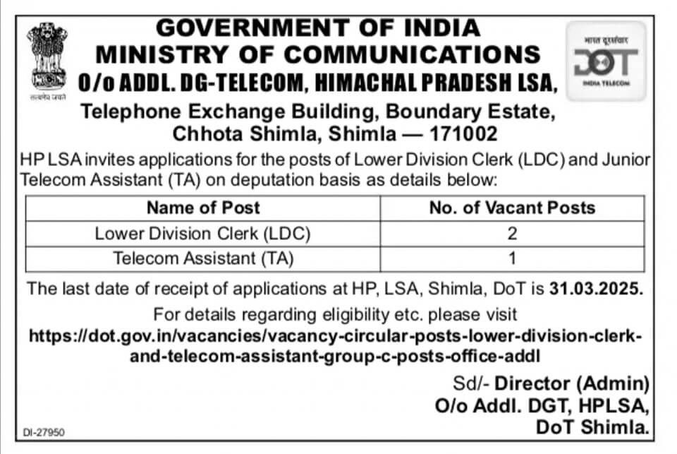 HPLSA Shimla Recruitment 2025 Apply for Lower Division Clerk & Telecom Assistant Jobs