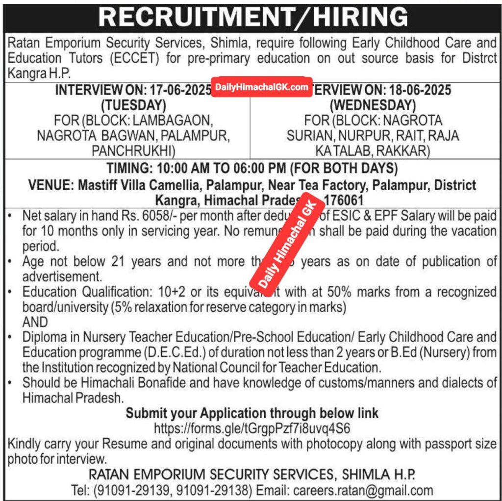 District Kangra NTT Recruitment 2025
