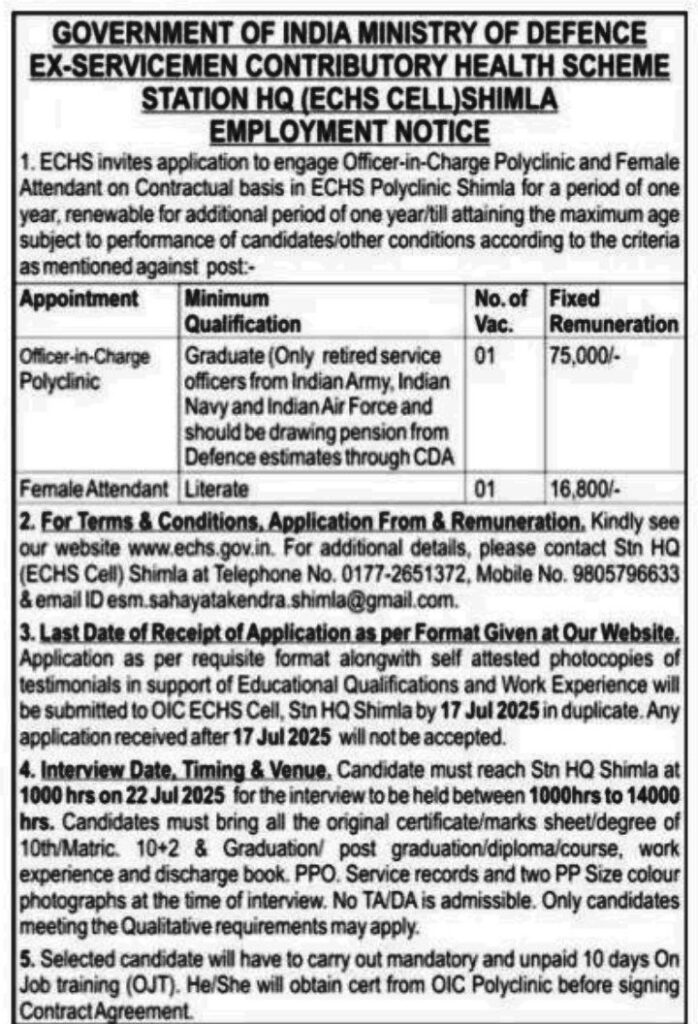 ECHS Polyclinic Shimla Office InCharge notification 2025