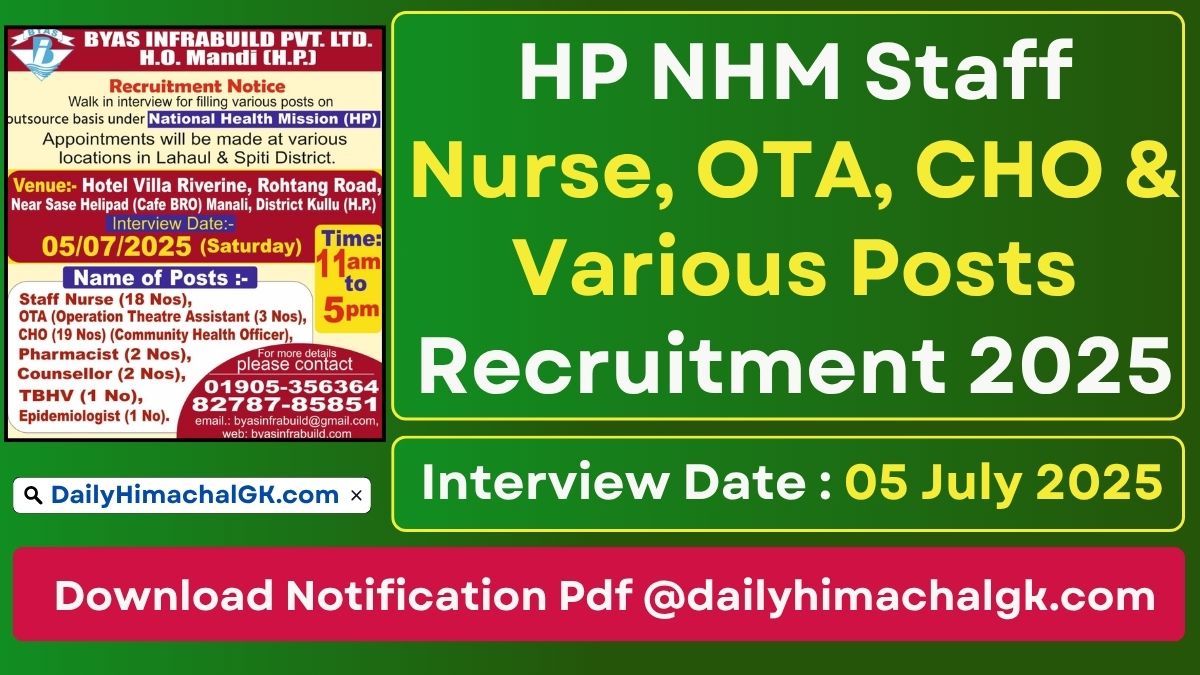 HP NHM Staff Nurse, OTA, CHO & Various Posts Recruitment 2025 Notification out for 46 Posts