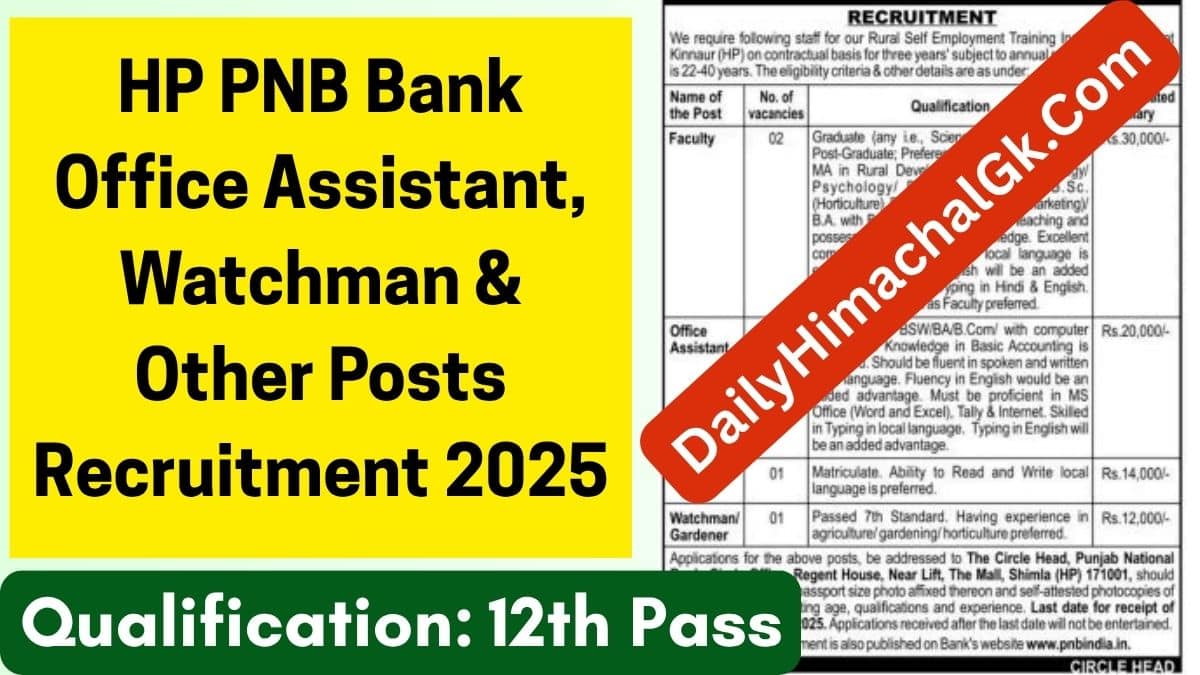 HP PNB Bank Recruitment 2025 Notification out for Office Assistant, Faculty & Various Posts