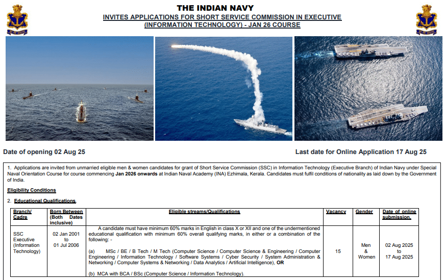 Indian Navy SSC IT Notification 2025