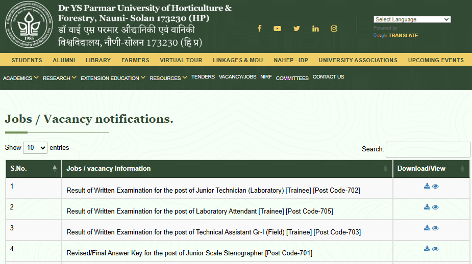 Dr. YS Parmar University Result 2025 - Junior Technician, Lab Attendant & Technical Assistant Posts