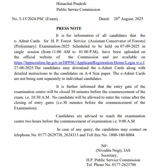 HPPSC Forest Service (ACF) Officer Hall Ticket 2025