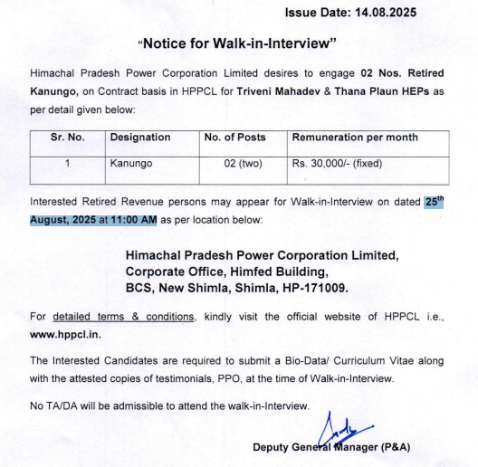 HPPCL Shimla Kanungo Notification 2025