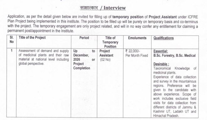 ICFRE Shimla Project Assistant Notification 2026