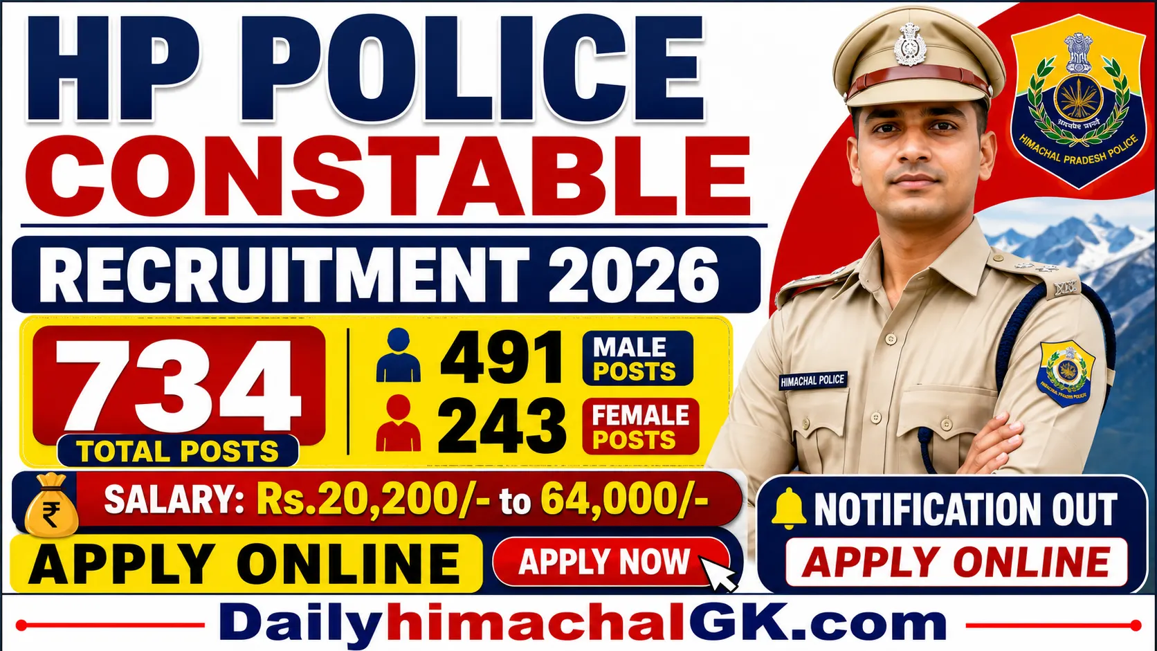 HP Police Constable Recruitment 2026 Notification Out for 734 Posts, Apply Online