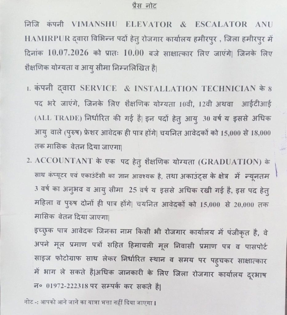 Hamirpur Accountant & Technician Vacancy 2026 | Campus Interview in Hamirpur