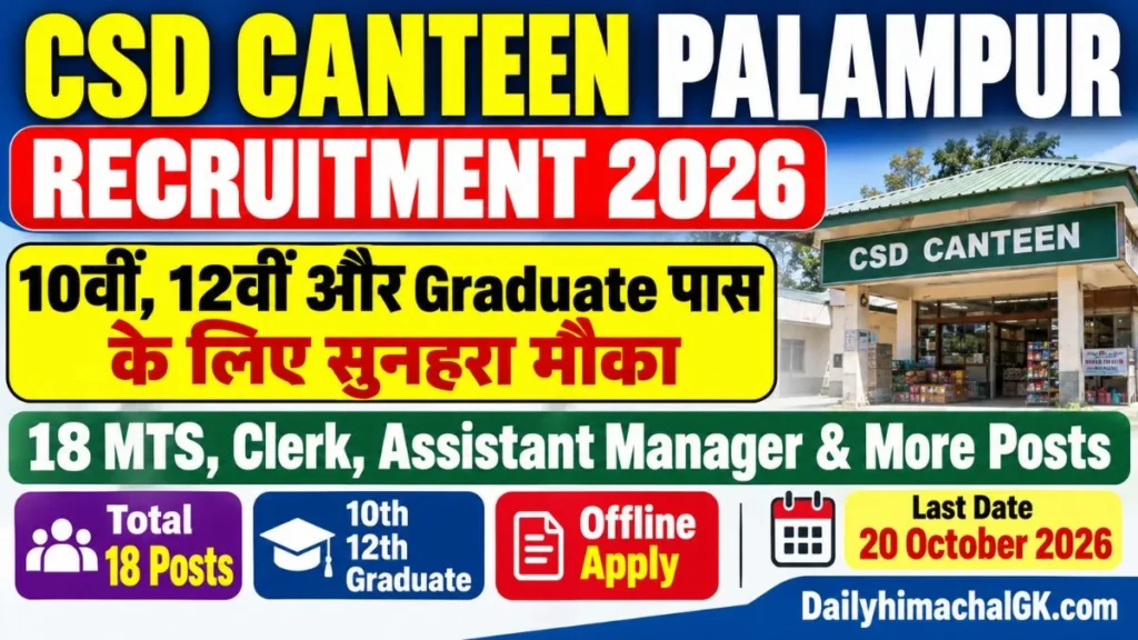 CSD Canteen Palampur Recruitment 2026